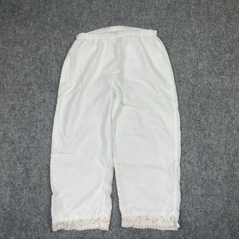 J. JILL Pants Womens Size M White Linen Embroidery Beach Casual Artsy